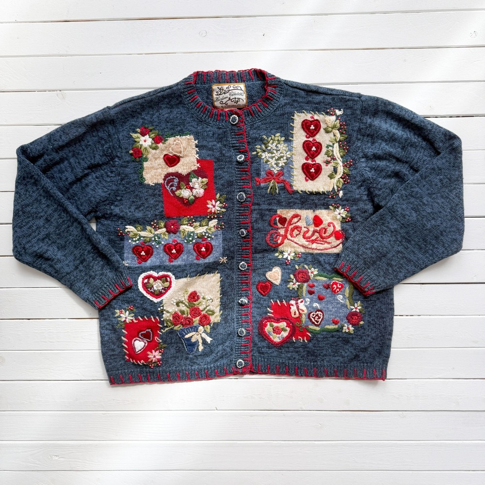 vtg Heirloom Collectibles Valentine's heart love cardigan‎ sweater